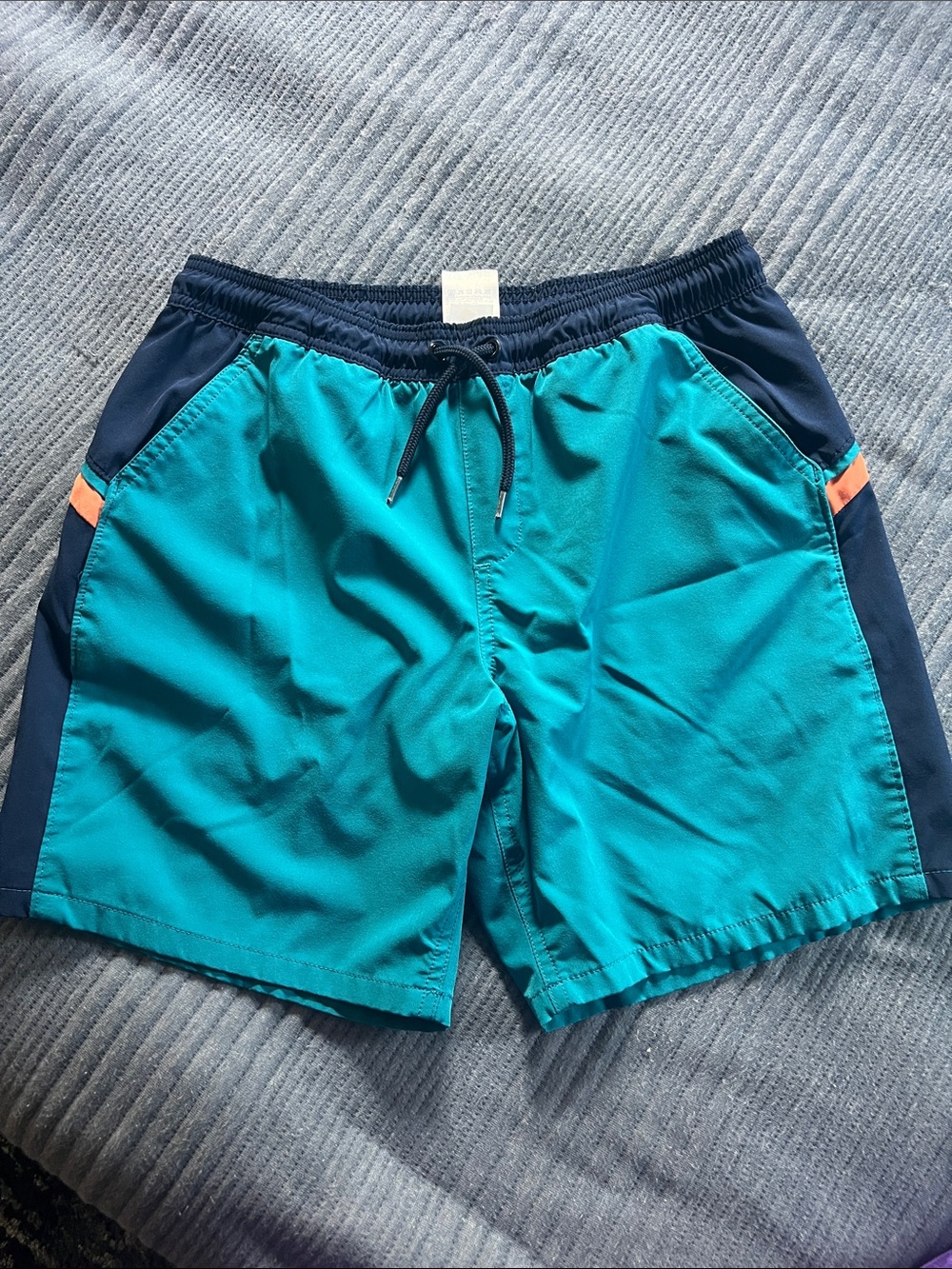 Lands' End Teal Swim Trunks with Navy Panels and Orange Accent